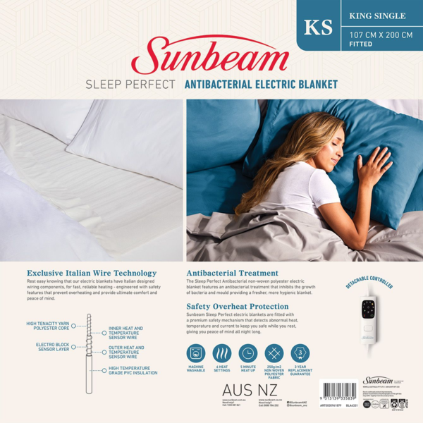 Bla6331   sunbeam sleep perfect antibacterial electric blanket king single %283%29