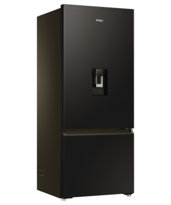Hrf420bhc   haier bottom mount fridge freezer 431l with non plumbed water dispenser black %283%29