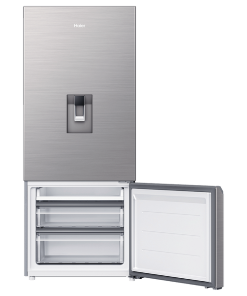 Hrf420bhs   haier bottom mount fridge freezer 431l with non plumbed water dispenser satina %284%29