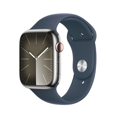 Apple watch series 9 lte 45mm silver stainless steel storm blue sport band pdp image position 1  anz