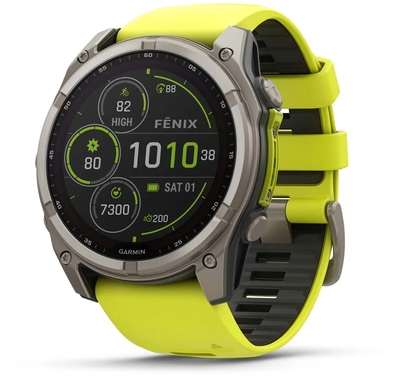 010 02907 22   garmin fenix 8 51 mm  solar  sapphire  titanium with amp yellow graphite silicone band %281%29